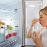 Offener Kühlschrank stinkt - Frau hält sich die Nase zu